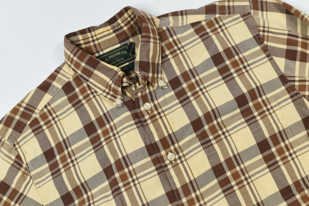 Filson Shirt Mens Medium Brown Cream Plaid Cotton Button-Down Outdoor Heritage
